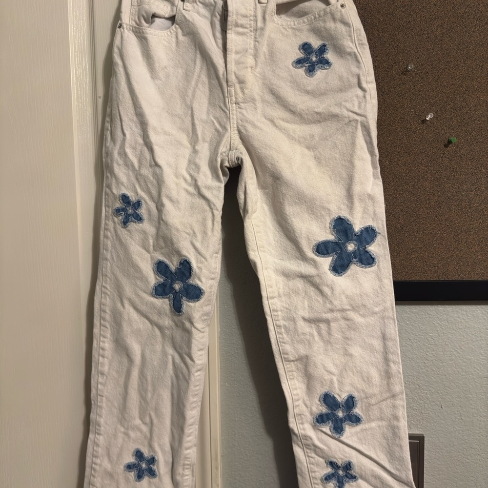 PacSun White Pants with Blue Floral Design
